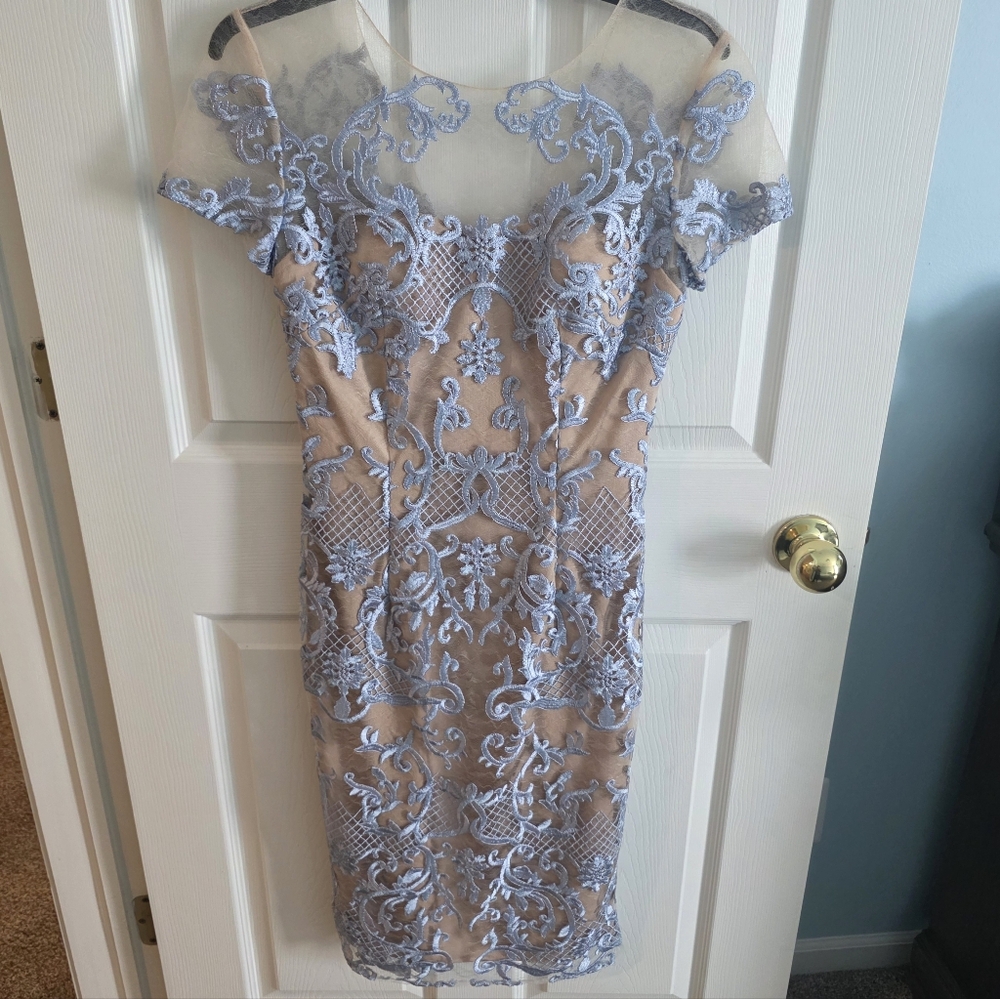 JS Collections Nude Midi Dress with Light Blue Lace Embroidery